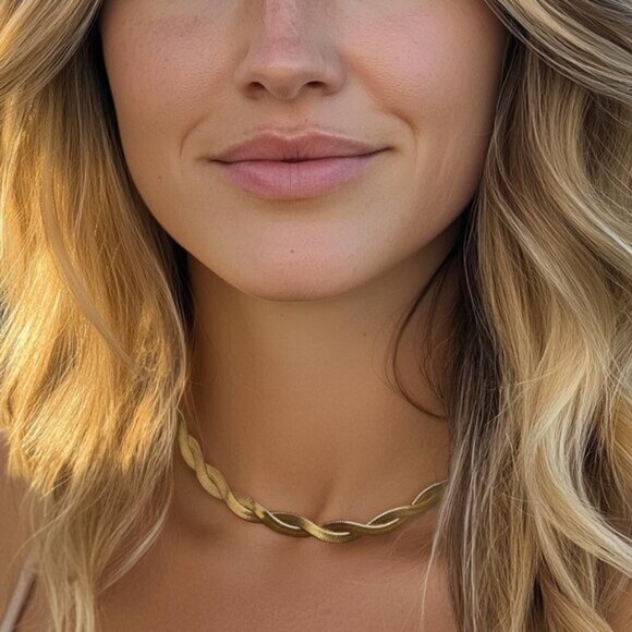 Gold Herringbone Twist Necklace Waterproof Necklace Gorgeous Layering Necklace - Picture 2 of 15